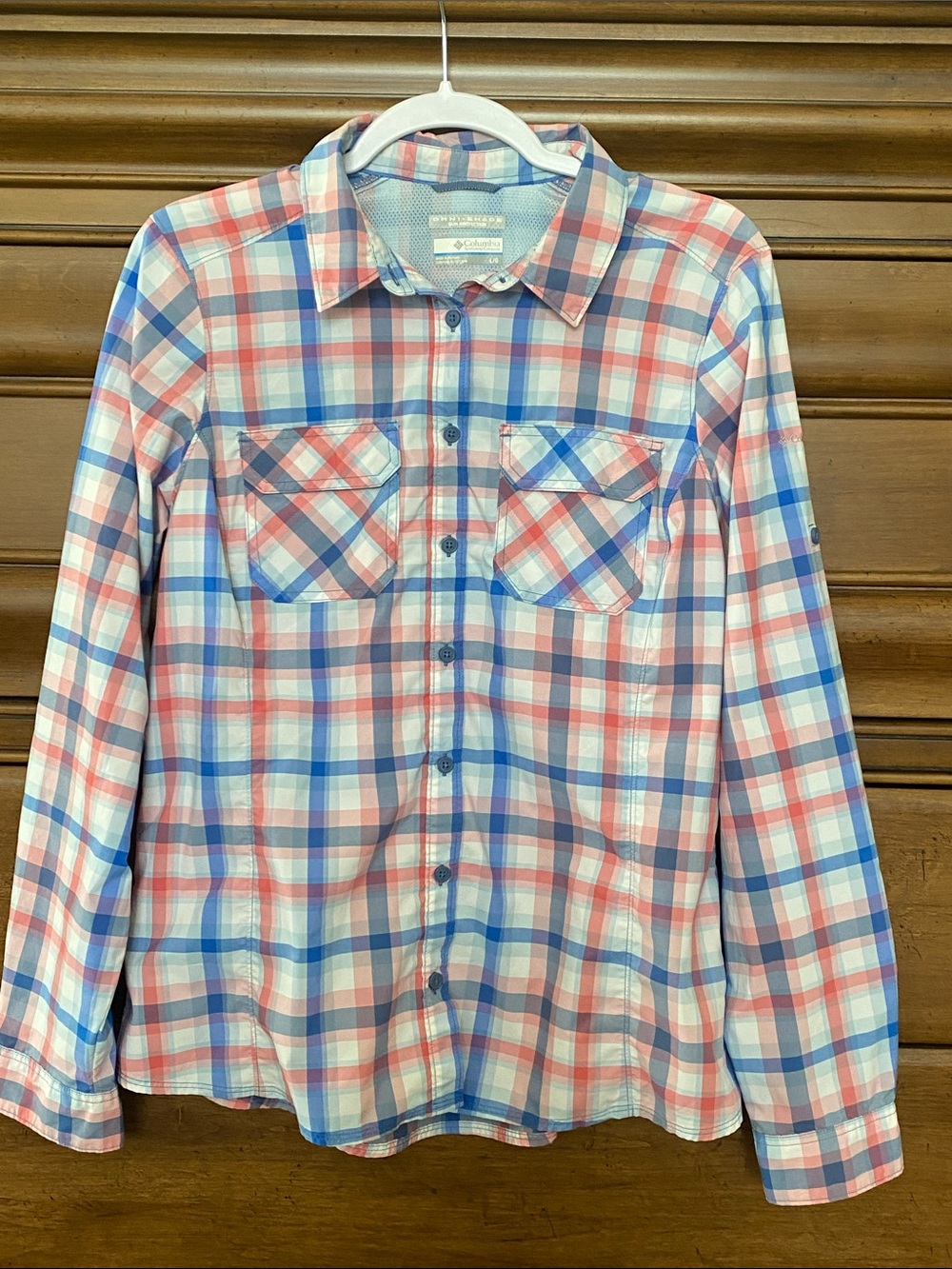 Columbia Omni-Shade Pink and Blue Plaid Button-Up Shirt Size Large Like New